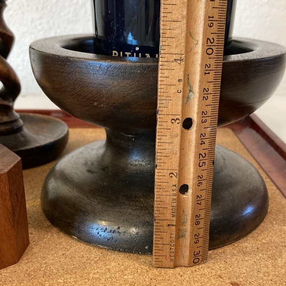 Set/5 Dark Candle Holders 3 Dark Walnut Stacking, 2 Hand Turned Candles decor - Picture 9 of 16